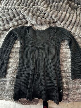 Black Open-Knit Women’s Sweater Cardigan with Tie Detail
